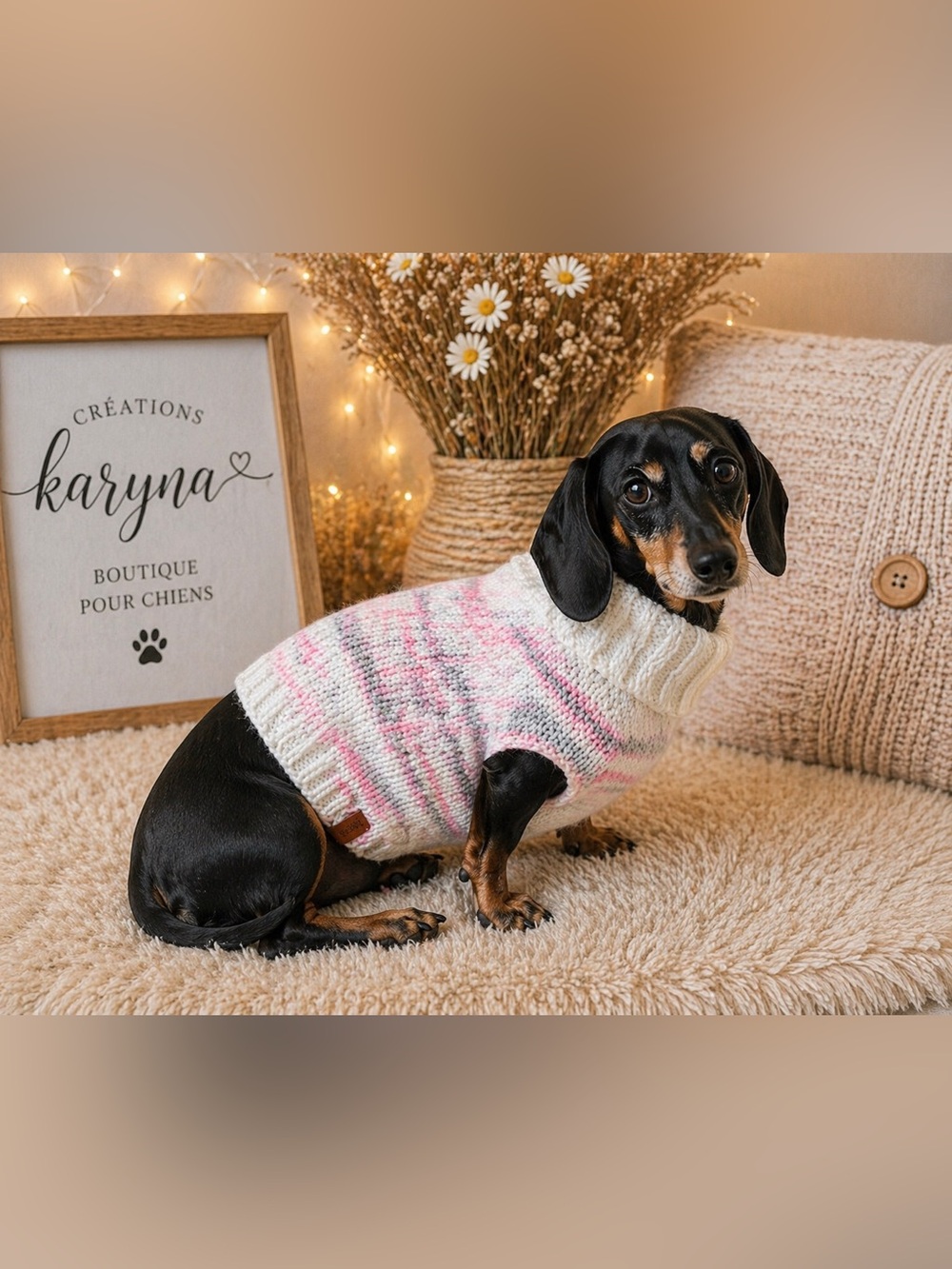 Cozy hand-knitted Dog Sweater - Pink & White Turtleneck